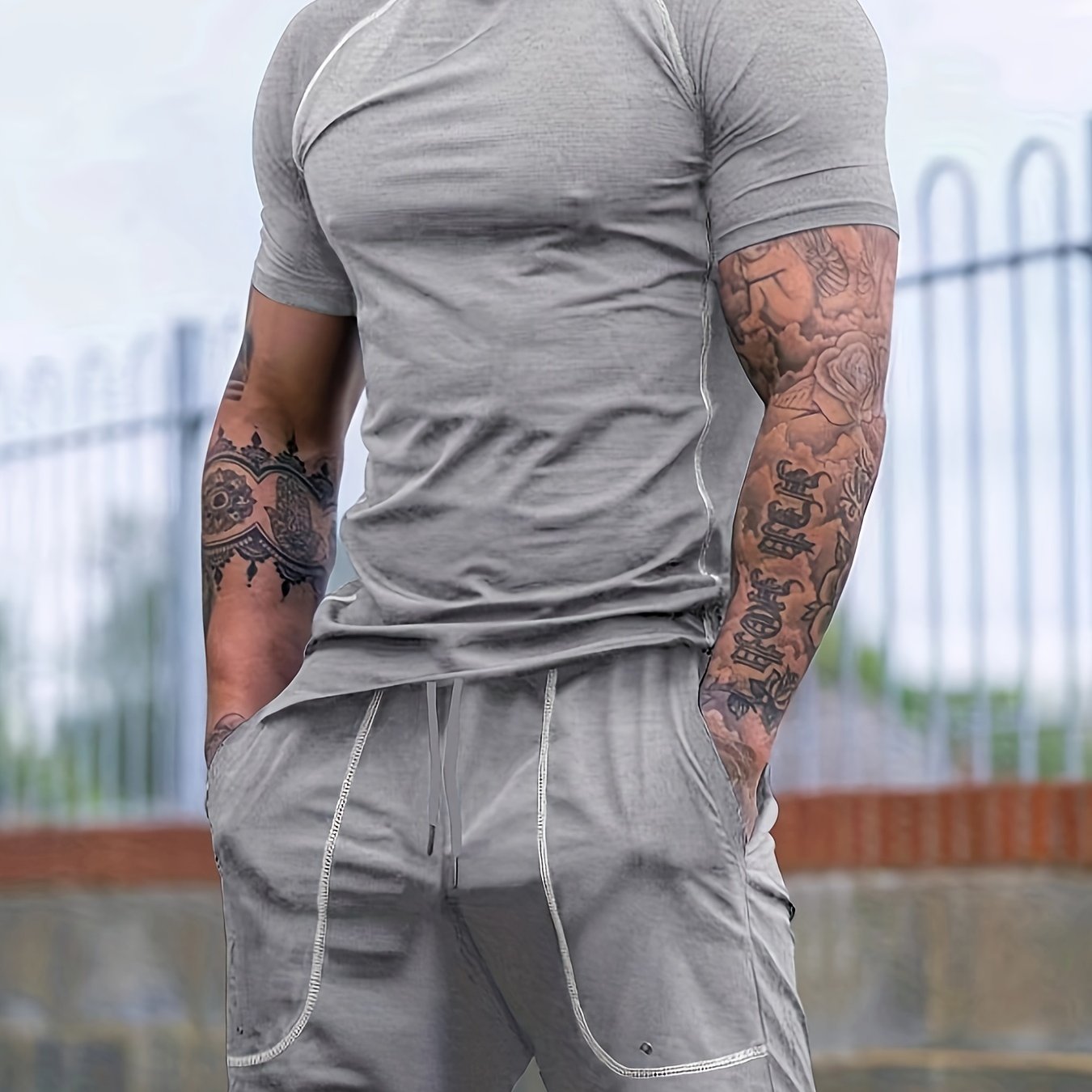2-Piece Men's Solid Summer Workout Co-ord Set - Quick-Drying, Breathable, Crew Neck T-Shirt & Drawstring Shorts with Pockets, Moisture-Wicking, Lightweight, Comfortable, Perfect for Fitness, Gym, Running, Outdoor Activities