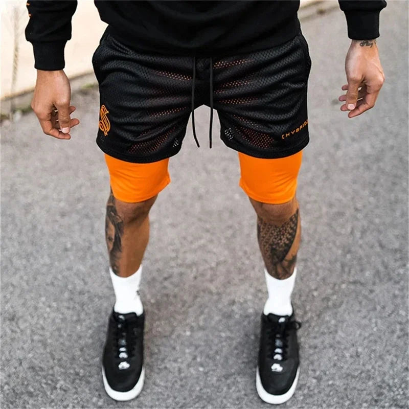 Men's 2-in-1 Mesh Running Shorts – Double-Deck Gym Fitness Short Pants