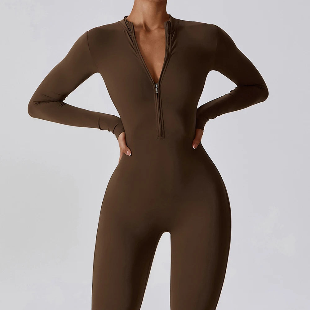 Women's Yoga Jumpsuit – Long Sleeve Zipper Fitness One-Piece