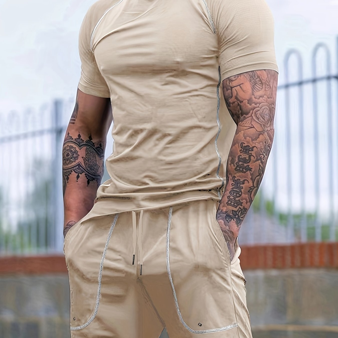2-Piece Men's Solid Summer Workout Co-ord Set - Quick-Drying, Breathable, Crew Neck T-Shirt & Drawstring Shorts with Pockets, Moisture-Wicking, Lightweight, Comfortable, Perfect for Fitness, Gym, Running, Outdoor Activities